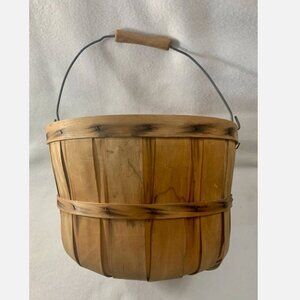 Vintage Wood Slat Bushel Basket with Wire Handle Primitive Farmhouse Harvest